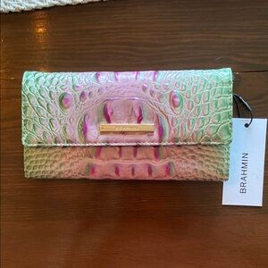Brahmin Iridescent Green and Pink Wallet with Crocodile Texture